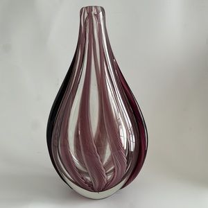 Oval Glass Vase, Clear Glass with Rosepink deco, 12” high Hand Blown Glass Art